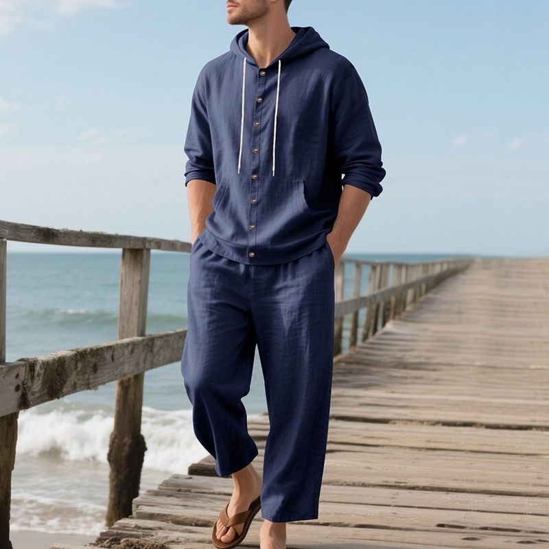 Linen Shirt Breathable - Мужской льняной пляжный комплект: летняя повседневная
